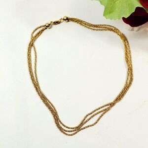 Vintage 60s Gold Tone Triple Strand Twisted Wheat Chain Necklace MCM Statement